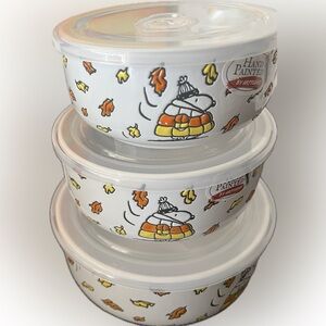 Snoopy Candy Corn Puffer Jacket Leaves Nesting Bowl with Pressure Release Lids